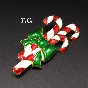 Vintage Enamel Candy Canes Brooch, Green Metallic Bow, 1960s Jewelry